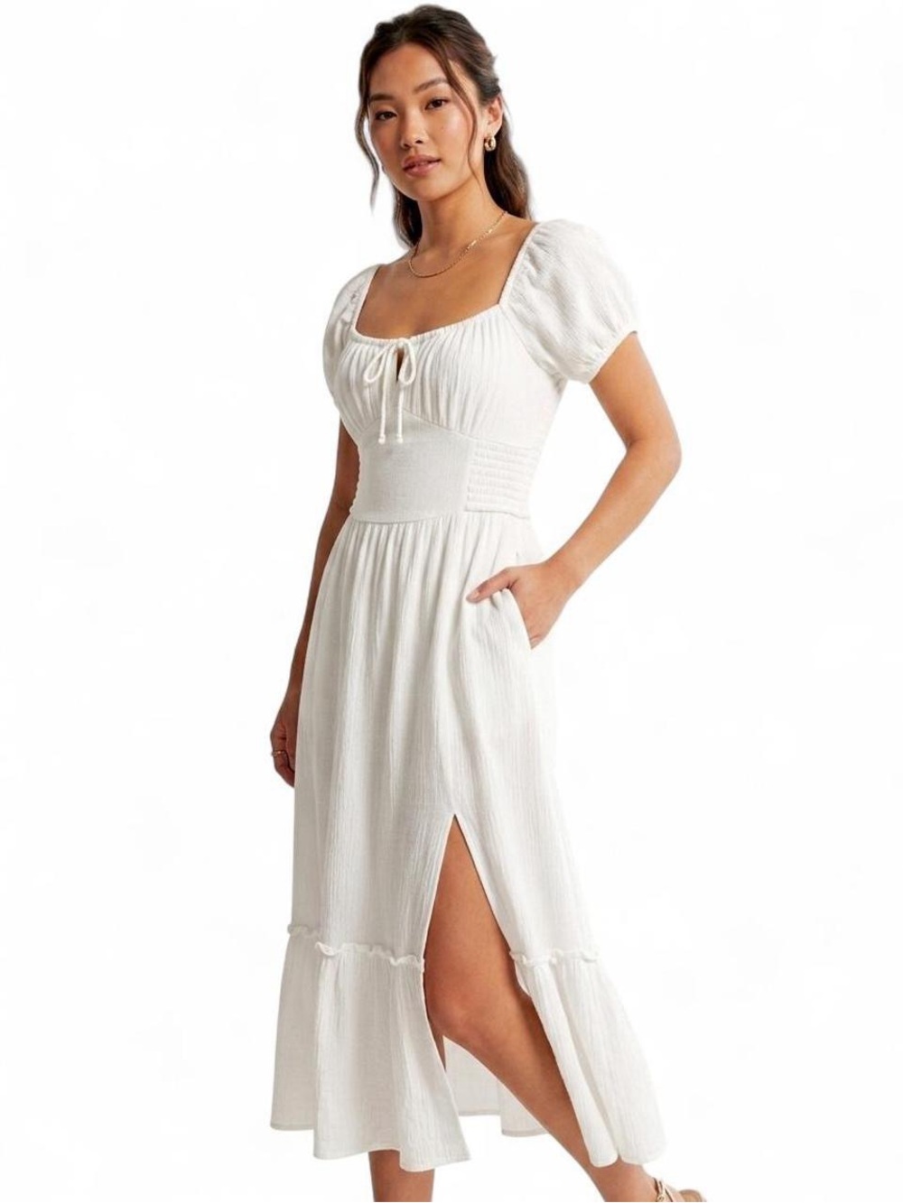 Hollister White Puff-Sleeve Midi Dress with Smocked Waist, Pockets and Side Slit